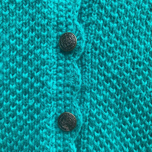 Hunters Run Vintage teal knit cardigan sweater with scalloped neckline - Picture 5 of 7